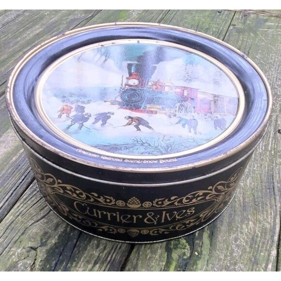 Vintage Currier & Ives American Railroad Scene Snow Bound Train Round 10" Tin - Picture 3 of 11